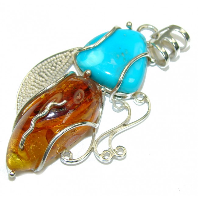 Natural Beauty! Blue Turquoise & Amber Sterling Silver Pendant