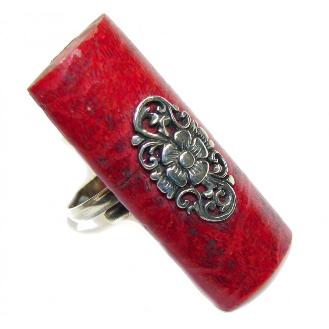 Big! Lovely Red Fossilized Coral Sterling Silver ring s. 8 - Adjustable