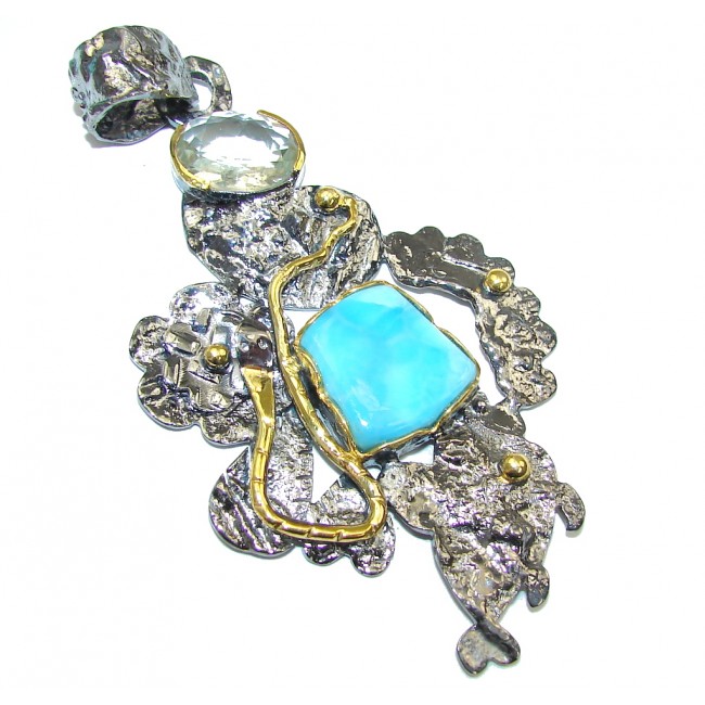 Large! Caribbean Sunset AAA Blue Larimar, Gold Plated, Rhodium Plated Sterling Silver handcrafted Pendant