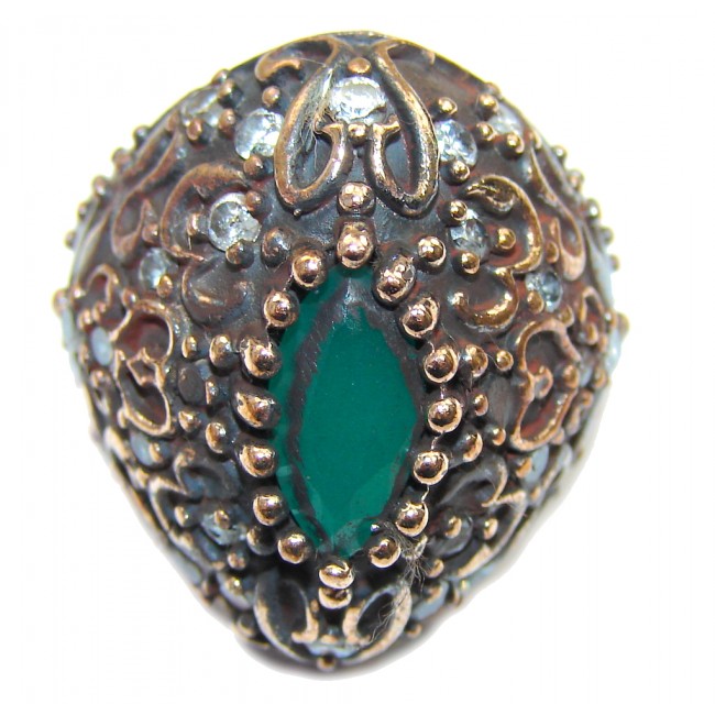 Victorian Style! Green Emerald & Ruby & White Topaz Sterling Silver ring s. 6