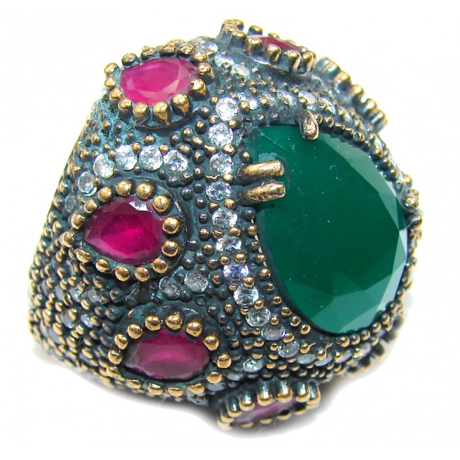 Victorian Style created Emerald & Ruby & White Topaz Sterling Silver Ring s. 7 1/4