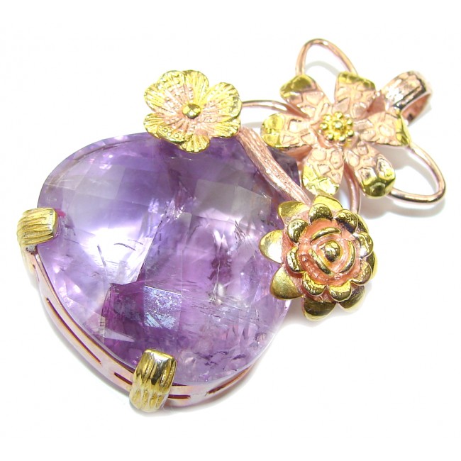Natural AAA Purple Amethyst, Rose & Gold Plated Sterling Silver Pendant