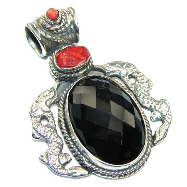 Vintage Style! Black Onyx & Coral Sterling Silver Pendant