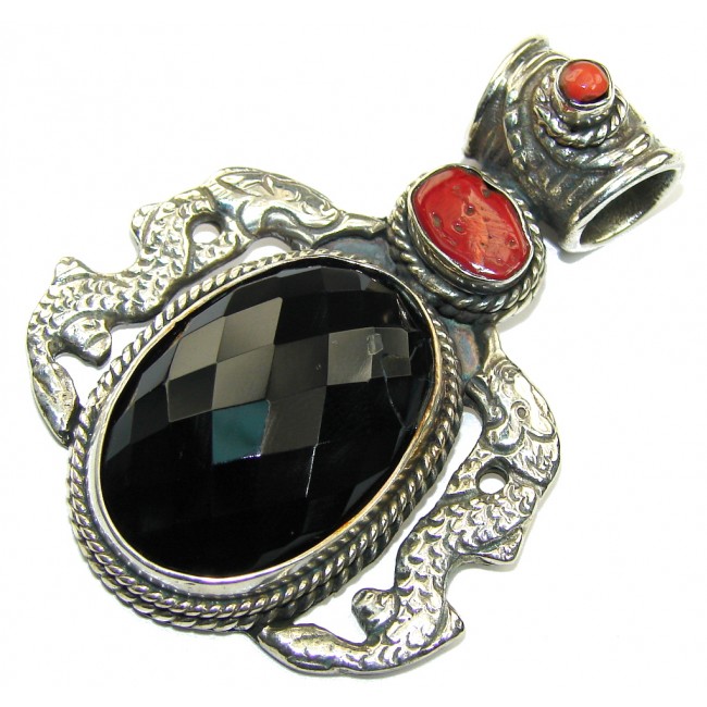 Vintage Style! Black Onyx & Coral Sterling Silver Pendant