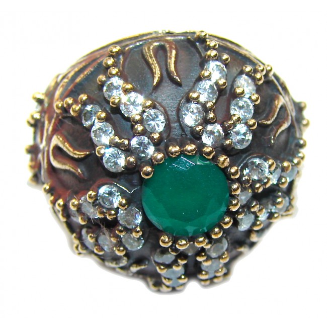 Victorian Style! Emerald & White Topaz Sterling Silver Ring s. 6