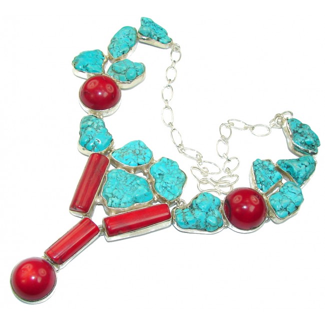 So Oversized! Southwest Design Blue Turquoise & Fossilized Coral Sterling Silver Necklace