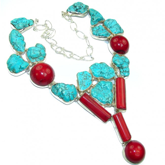 So Oversized! Southwest Design Blue Turquoise & Fossilized Coral Sterling Silver Necklace