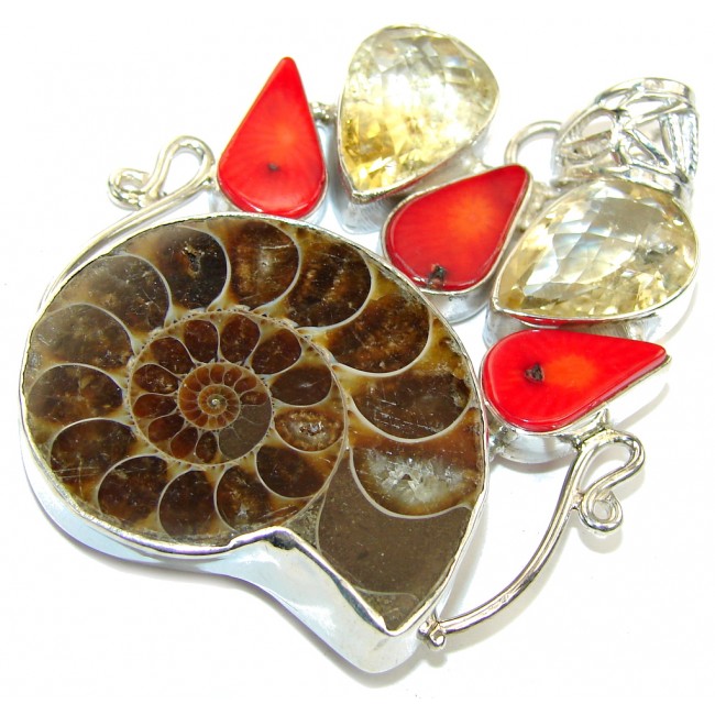 Big! Fashion Brown Ammonite Fossil Sterling Silver Pendant
