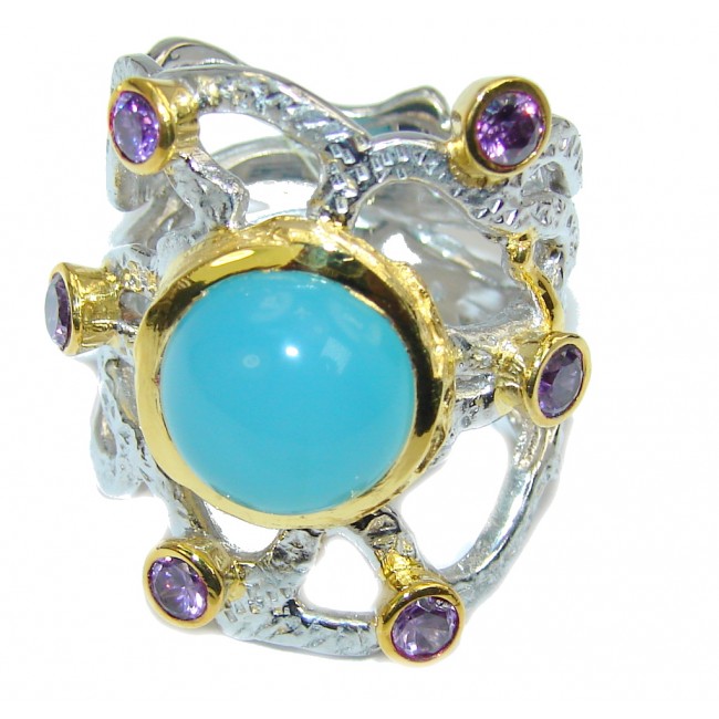Blue Galaxy Blue Agate Amethyst Two Tones Sterling Silver Ring s. 7