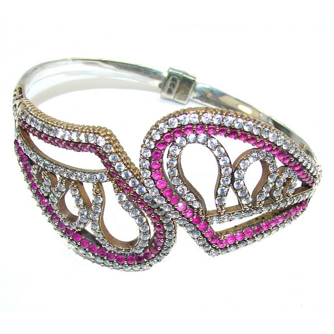 Victorian Style Ruby Quartz & White Topaz Sterling Silver Bracelet / Cuff