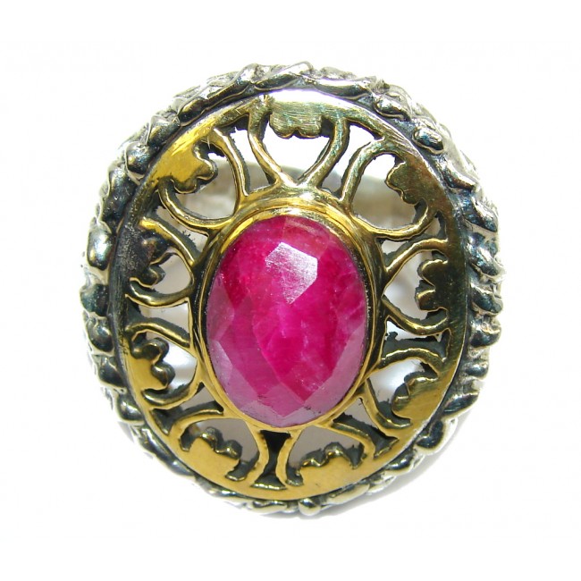 Big! Stunning Pink Ruby, Two Tones Sterling Silver Ring s. 8 1/4