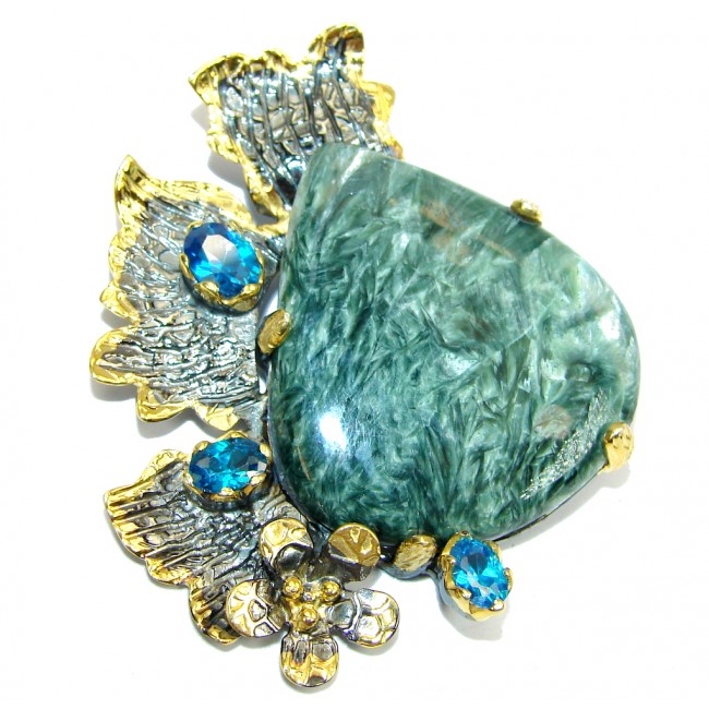 Perfect AAA Green Seraphinite & Cubic Zirconia, Gold Plated, Rhodium Plated Sterling Silver Pendant