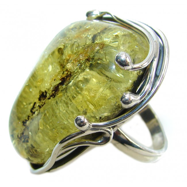 Big! Genuine Green AAA Baltic Polish Amber Sterling Silver Ring s. 9 1/4