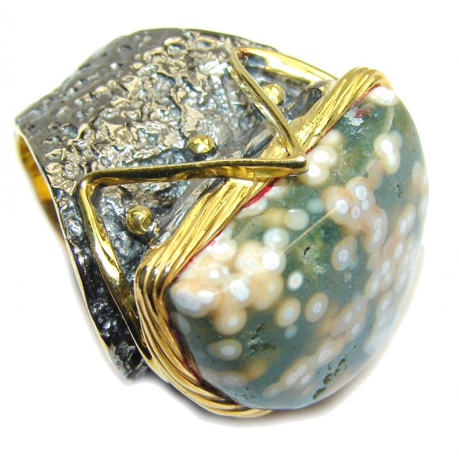 Big! AAA Green Ocean Jasper, Gold Plated, Rhodium Plated Sterling Silver Ring s. 8