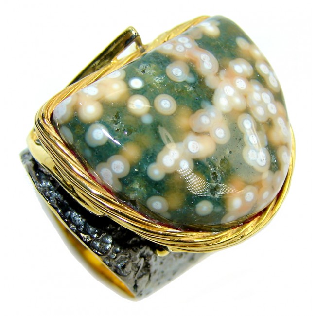 Big! AAA Green Ocean Jasper, Gold Plated, Rhodium Plated Sterling Silver Ring s. 8