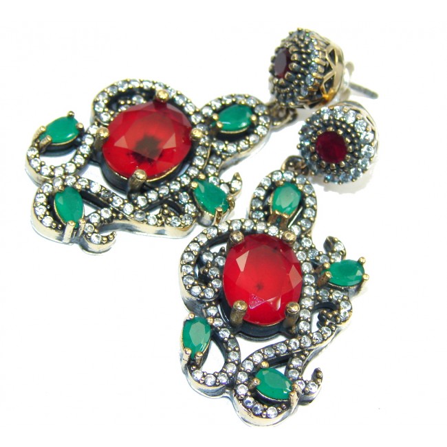 Victorian Style! Red Ruby & Emerald & White Topaz Sterling Silver earrings
