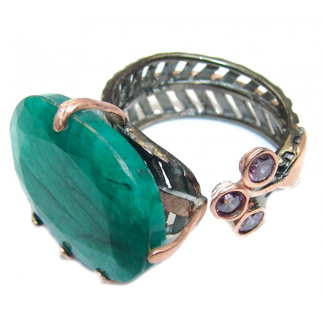 Genuine AAA Green Emerald, Rose Gold Plated, Rhodium Plated Sterling Silver Ring s. 7- adjustable