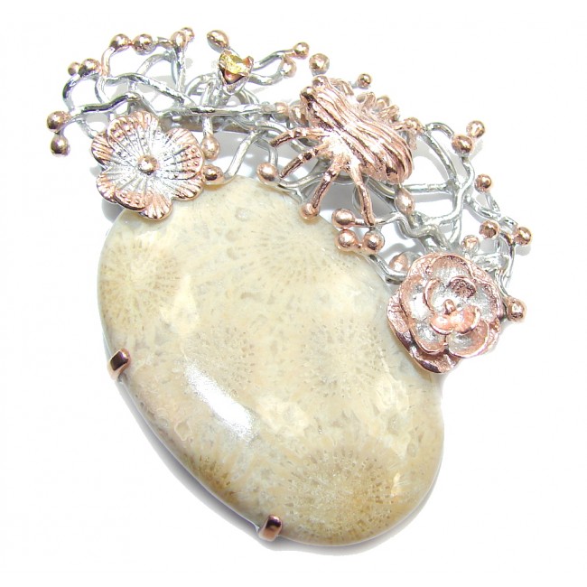 Spinder's Web Fossilized Coral Citrine Gold over Sterling Silver pendant