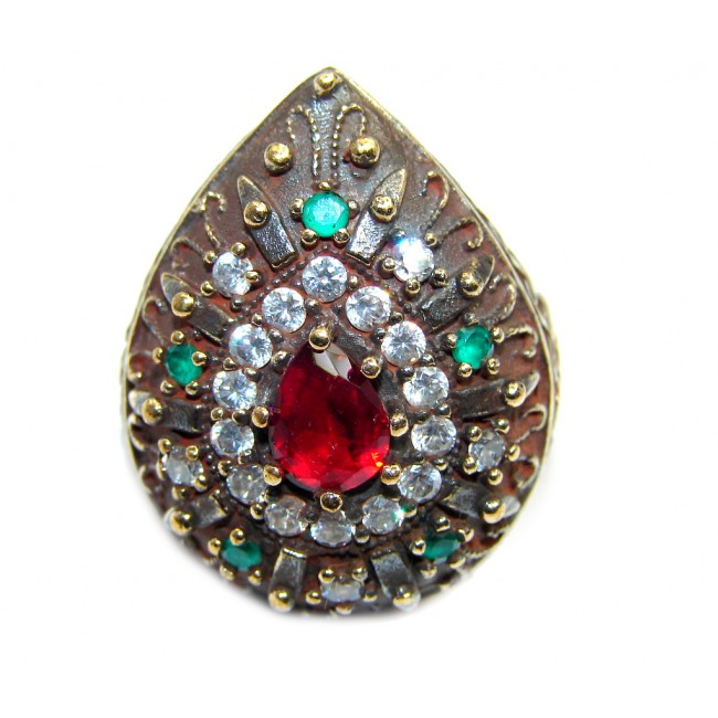 Victorian Style created Ruby & White Topaz Sterling Silver ring; s. 6 1/2