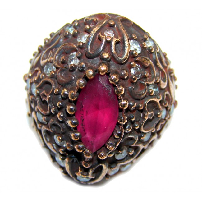 Victorian Style created Ruby & White Topaz Sterling Silver ring; s. 5 1/2