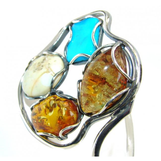 Beautiful Genuine Handcrafted Polish Amber Turquoise Sterling Silver Bracelet / Cuff