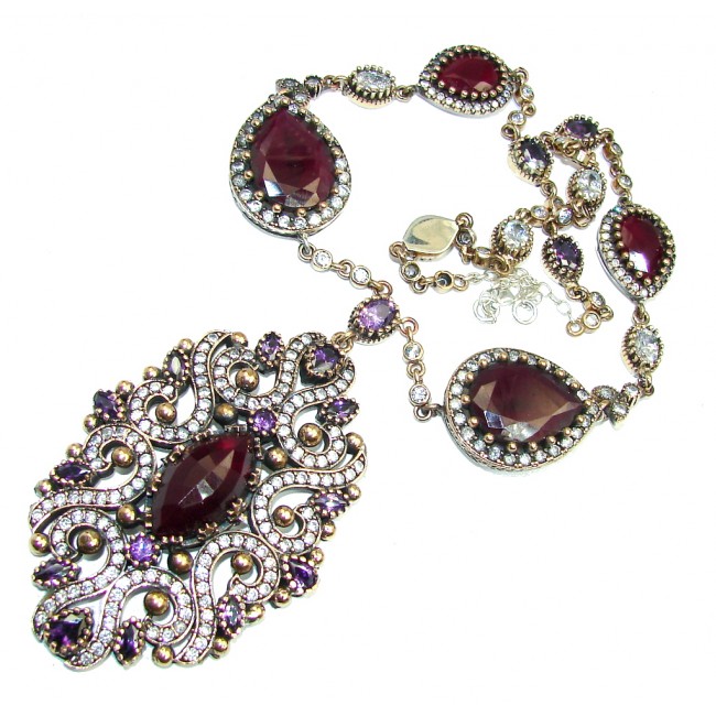Huge Victorian created Sapphire Ruby & White Topaz Sterling Silver necklace