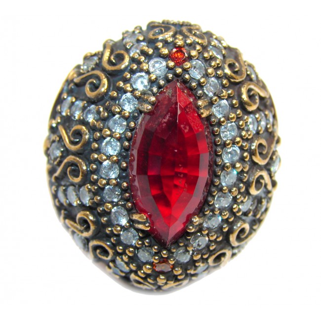 Giant Victorian Style created Ruby & White Topaz Sterling Silver ring; s. 10