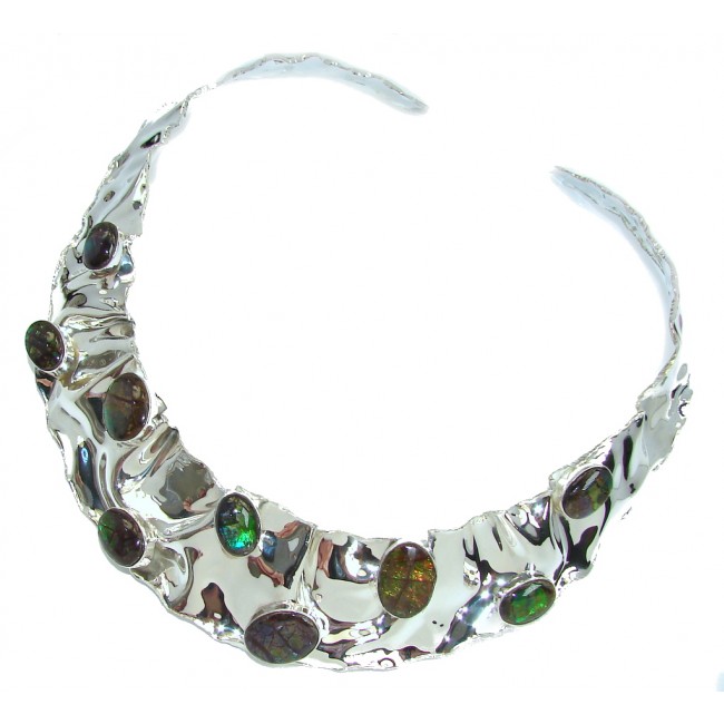 One of the kind Natural Canadian Ammolites Hammered Sterling Silver necklace Choker