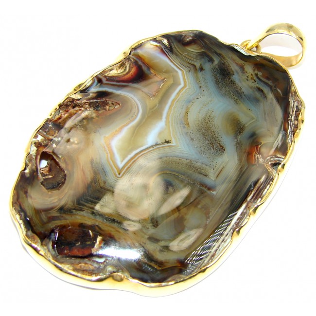 Huge Brown Botswana Agate Gold Plated Sterling Silver Pendant