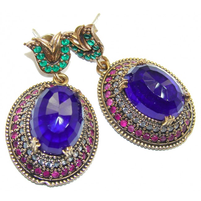 Large Victorian Style created Sapphire Ruby Sterling Silver Earrings