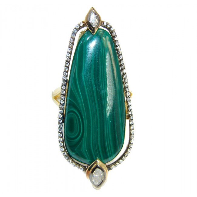 Beautiful AAA Green Malachite & White Topaz Gold PLated Sterling Silver ring s. 8
