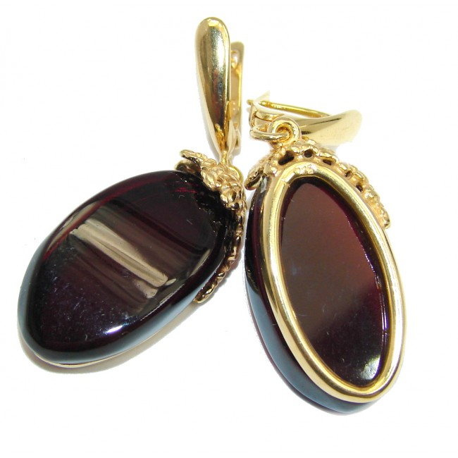 Genuine Dark Cherry Baltic Polish Amber Gold over Sterling Silver Earrings