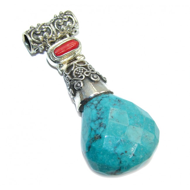 American Blue Turquoise Coral Sterling Silver Pendant