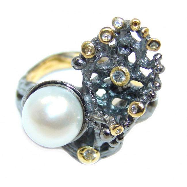Rich Design Pearl Peridot Italy made Sterling Silver ring s. 7