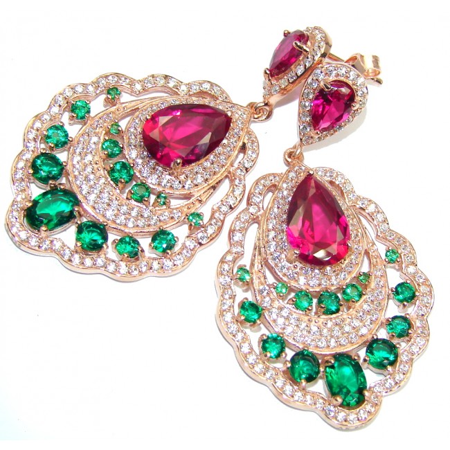 Great Victorian Style Ruby Emerald Rose Gold plated over Sterling Silver earrings