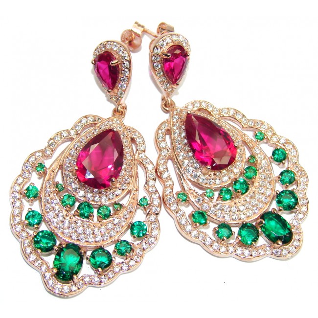 Great Victorian Style Ruby Emerald Rose Gold plated over Sterling Silver earrings