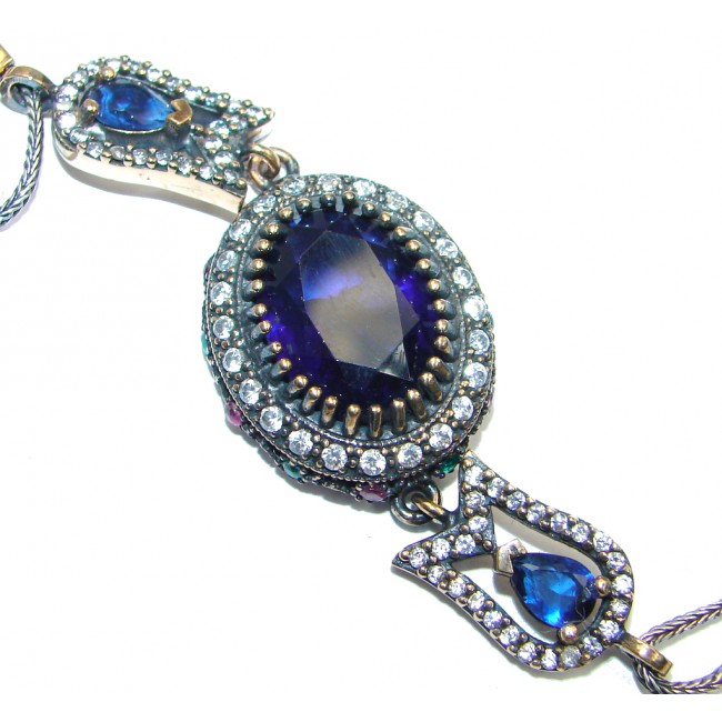 Victorian Style Created Blue Sapphire & White Topaz Sterling Silver Bracelet