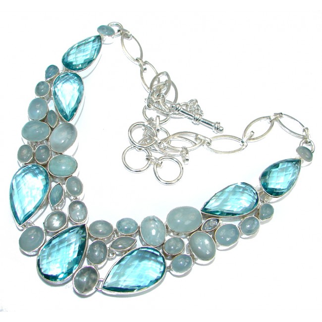 Huge AAA+ Blue Aquamarine created Topaz Sterling Silver handmade necklace