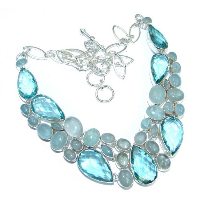 Huge AAA+ Blue Aquamarine created Topaz Sterling Silver handmade necklace