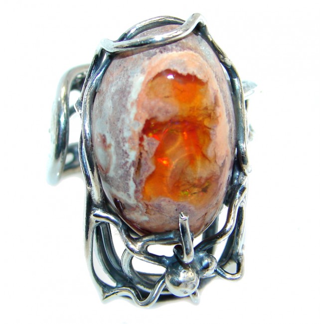 AAA+ Mexican Fire Opal Oxidized Sterling Silver handcrafted Ring size adjustable