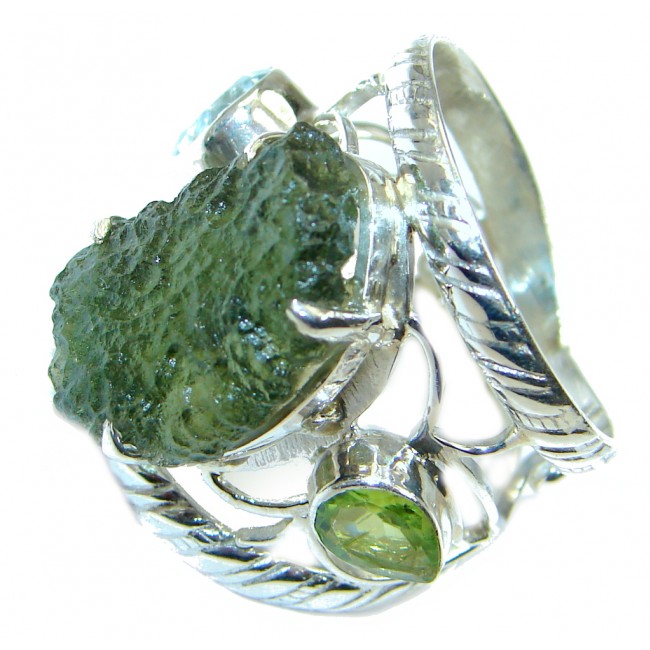 Large Fashion Green Moldavite Sterling Silver Ring s. 9