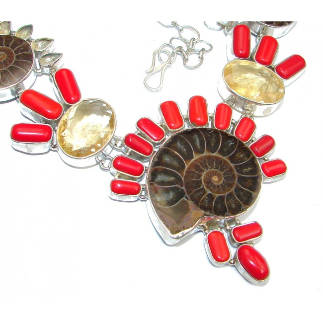 Ammonite Fossil & Fossilized Coral Sterling Silver handmade necklace