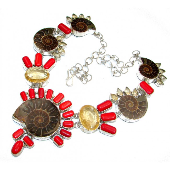 Ammonite Fossil & Fossilized Coral Sterling Silver handmade necklace