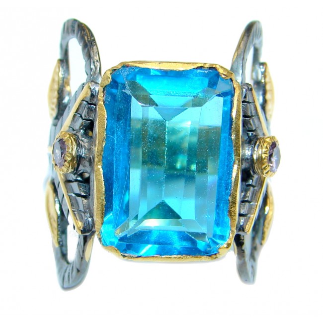 Big created Blue Topaz Gold Rhodium over Sterling Silver Ring s. 8