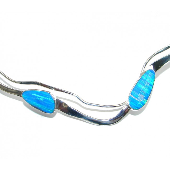 Natural Lab. created Blue Fire Opal Hammered Sterling Silver necklace