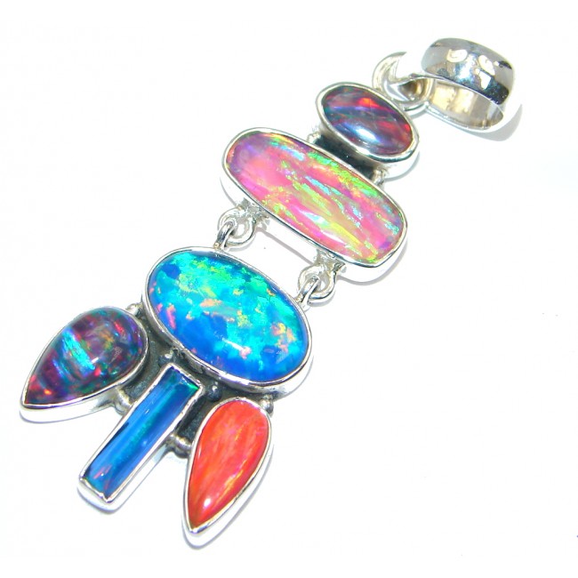 Abstract Lab. created Fire Opal Sterling Silver handmade Pendant