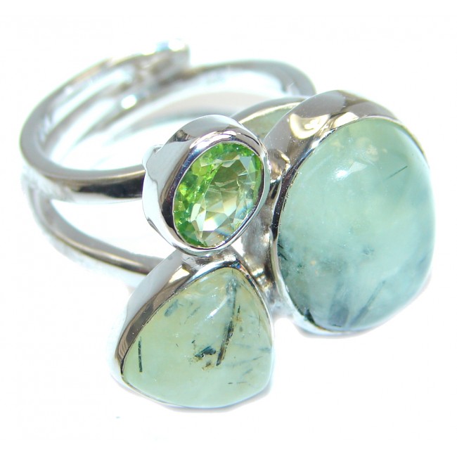 Moss Prehnite Peridot Sterling Silver ring; size adjustable