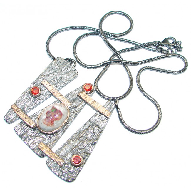 Great Mexican Fire Opal Garnet Gold Rhodium plated over Sterling Silver handmade Necklace