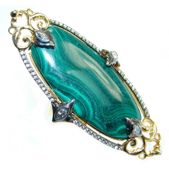 Beautiful Green Malachite & White Topaz Gold Plated Sterling Silver ring s. 7