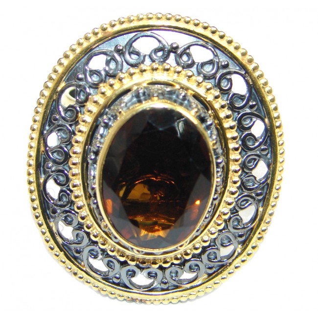 Large Champagne Smoky Topaz Gold plated Sterling Silver Ring size adjustable